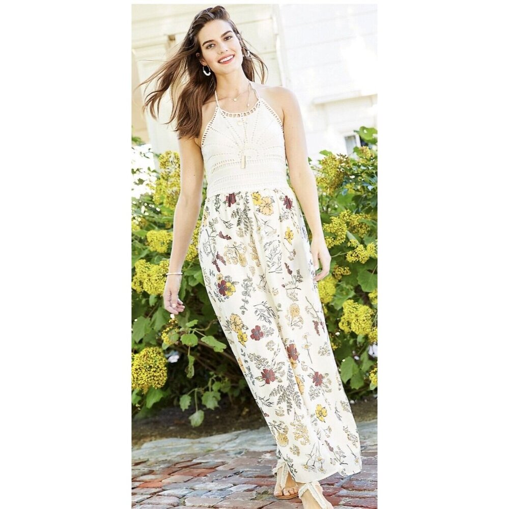Crochet Floral Maxi Halter Dress Boho Breezy Fem Summer Sundress Fairycore Sz S